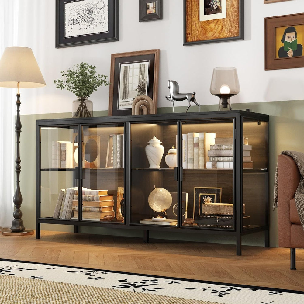 Display Cabinet with Glass Doors & LED Lights, Sideboard Buffet Cabinet w...