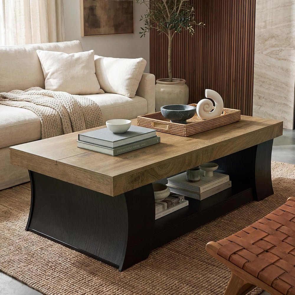 LITTLE TREE 55" Coffee Table, Living Room Table with Storage Shelf, Wood...