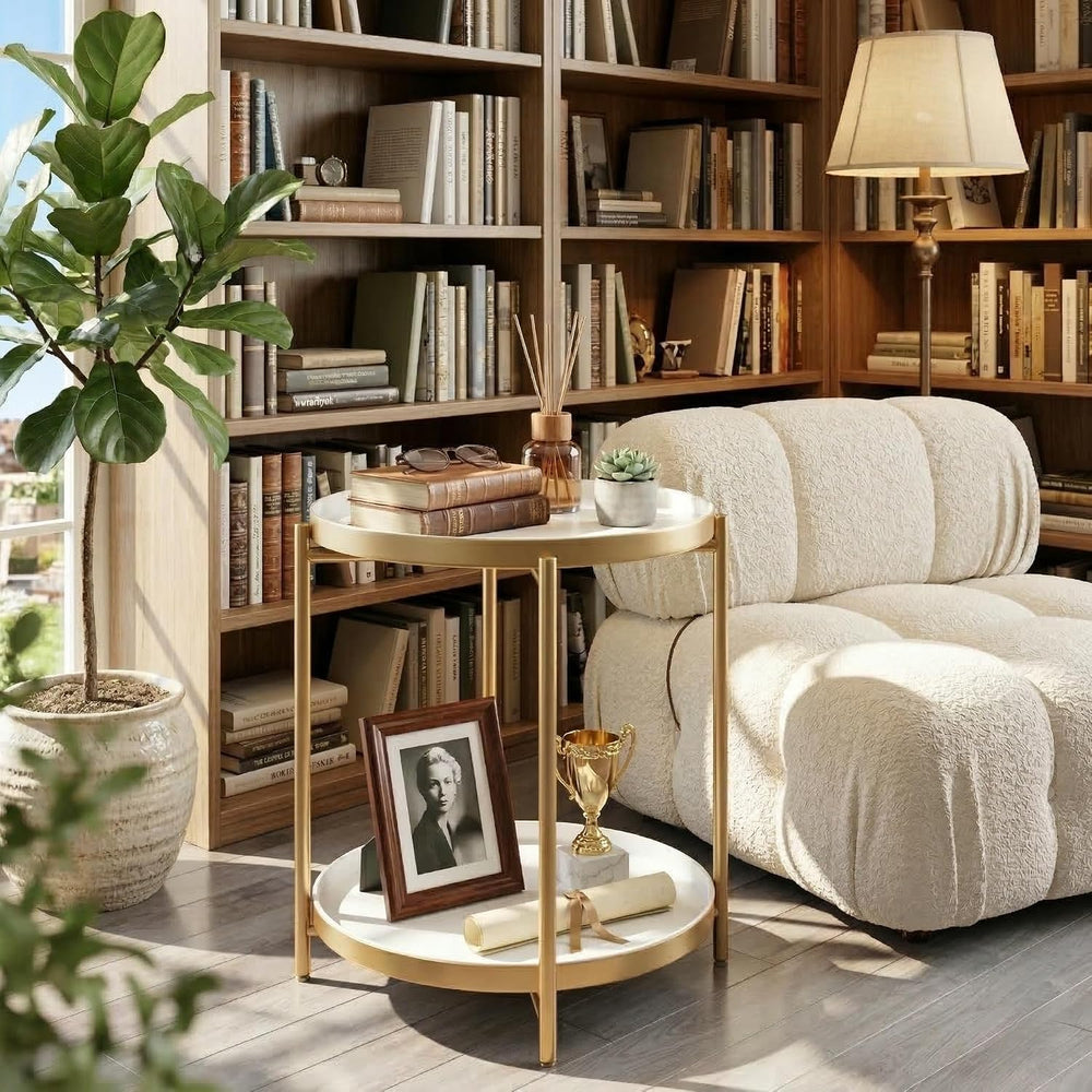 TeoKJ 2 Tier Gold Side Table, Folding Round Metal End Table Small Nightstand ...