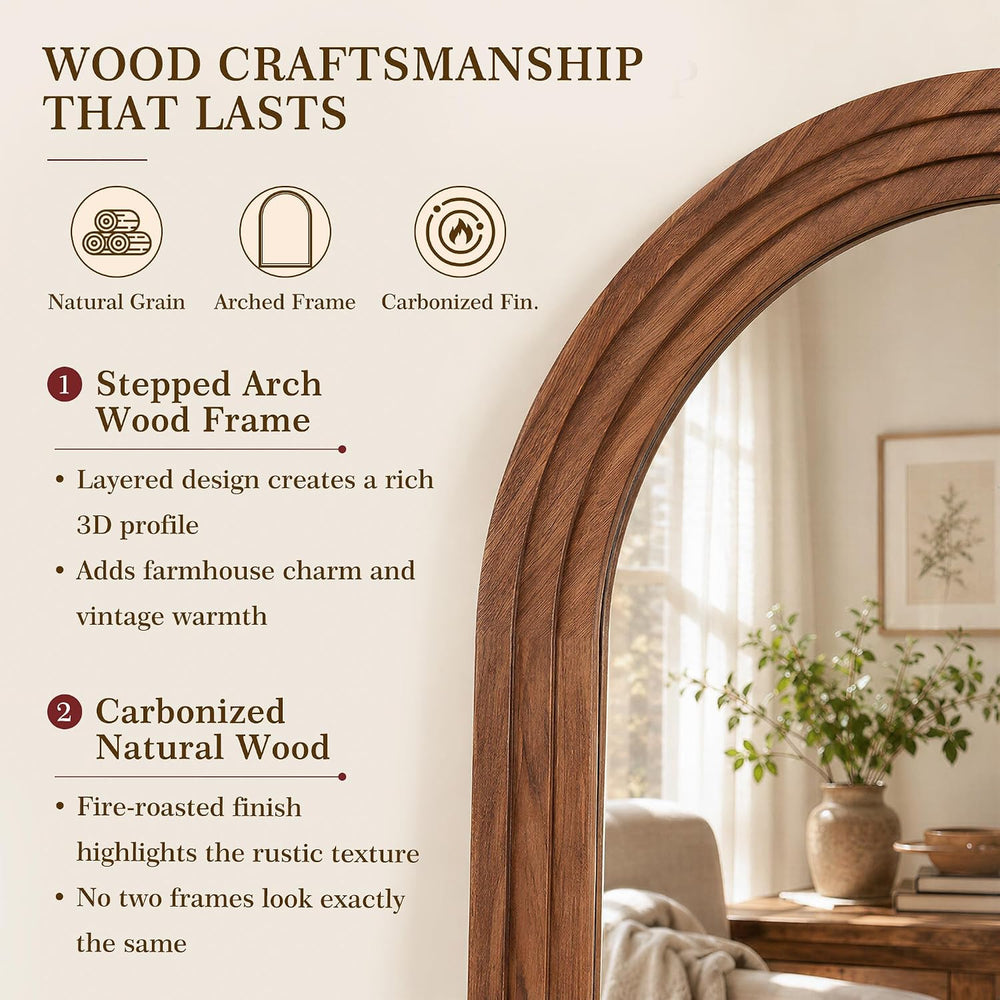 76"x34" Arched Full Length Mirror, Large Wood Floor Mirror, Brown
