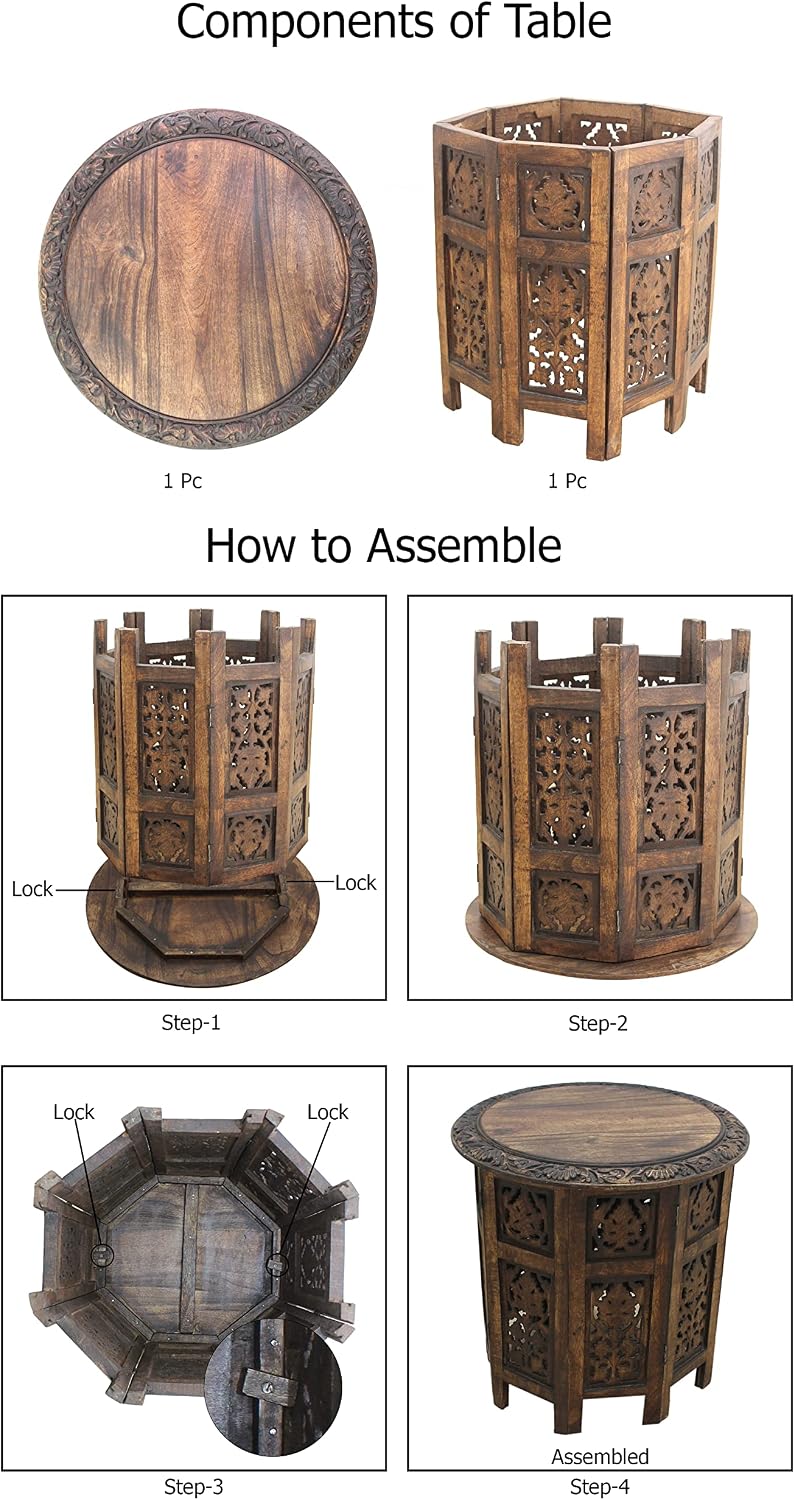 COTTON CRAFT Solid Wood End Table - Hand Carved Folding Accent Side Table