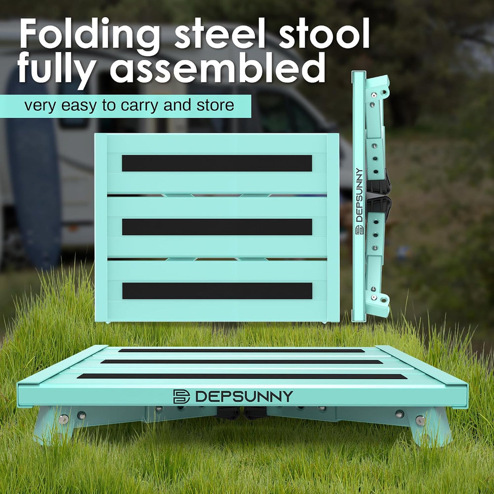 Adjustable RV Step Stool, Wide Platform, Foldable Legs, Green