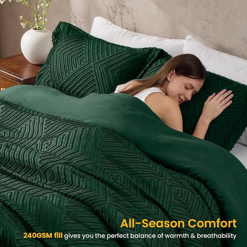 California King Comforter Set, Boho Tufted 3-Piece Bedding Set, Green