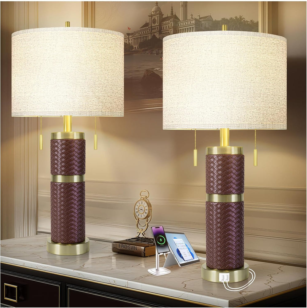 KIVDITZO 25" Woven Leather Table Lamps Set of 2 for Night Stand