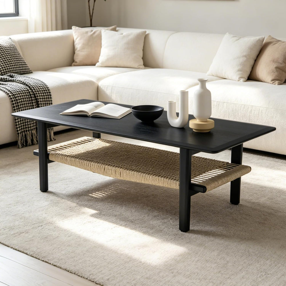 2-Tier Rattan Coffee Table, 47" Rectangle Wood Center Table, Black