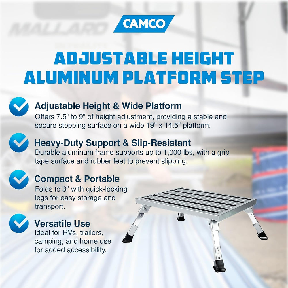 Camco Folding Aluminum Step Stool, Adjustable Height for RV and Trailers, Sil...