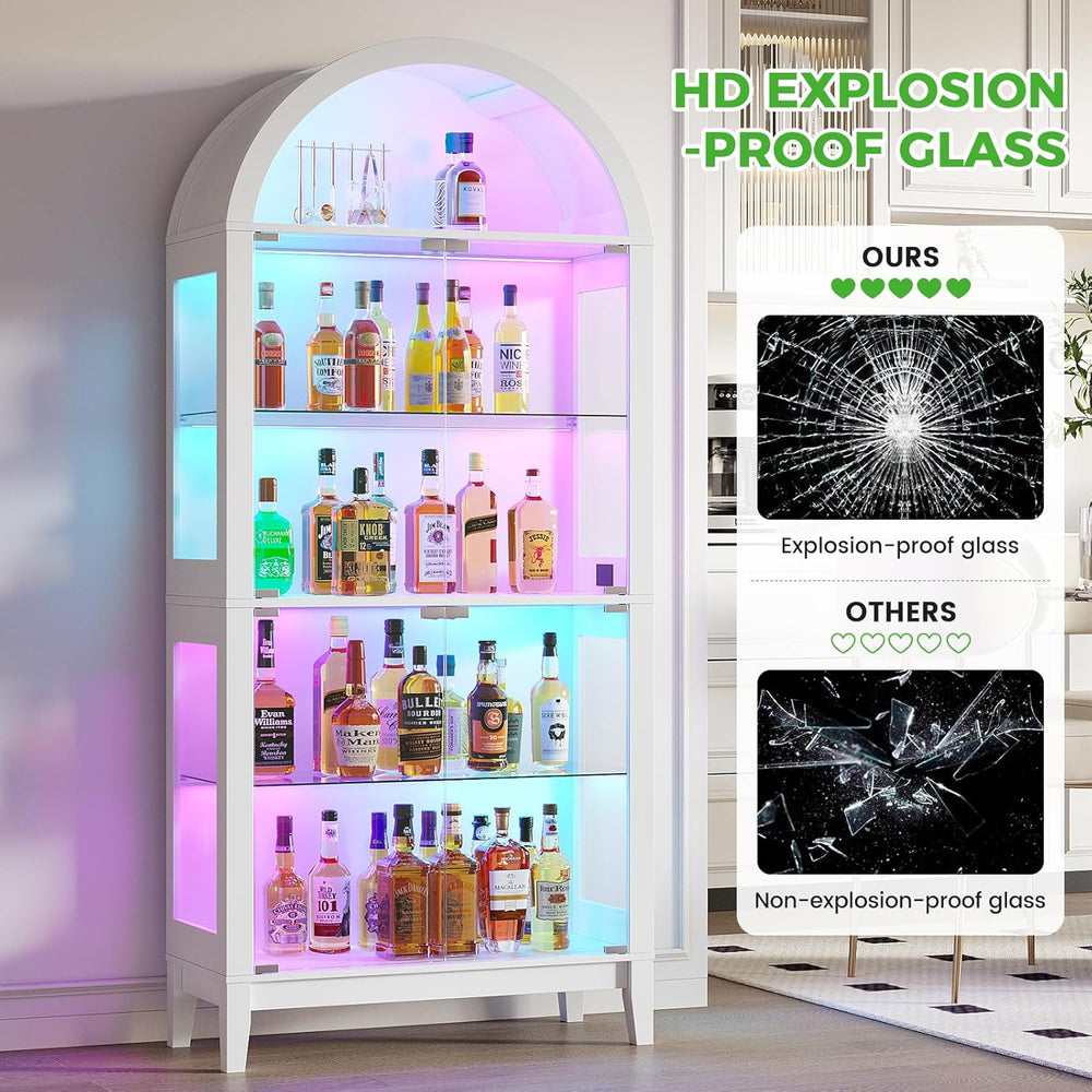 HNEBC Arched Display Cabinet with Glass Doors& Music Sync Lights,White