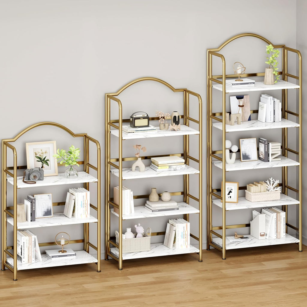 gold folding bookshelf 5 tiers, no assembly,vintage storage showing dimensions