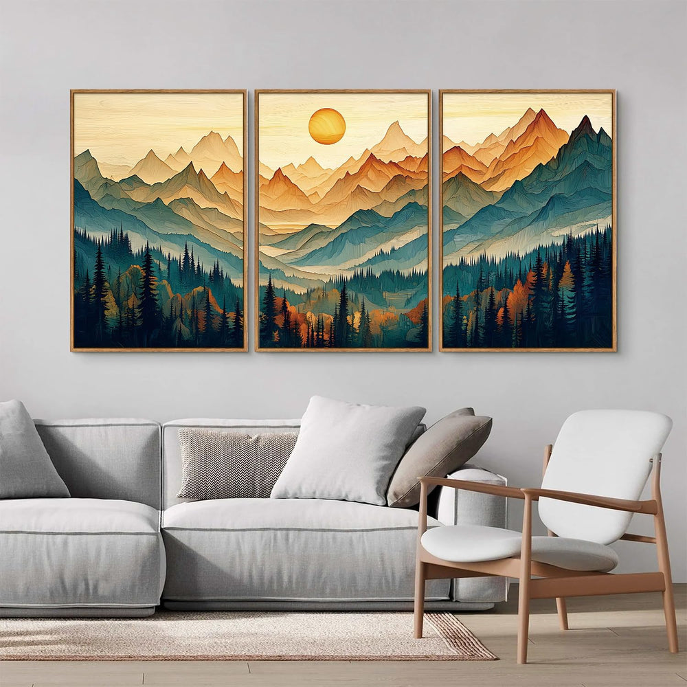 Tinonedraw Large Mountain Framed Canvas Wall Art Set of 3, Boho Nature Forest...