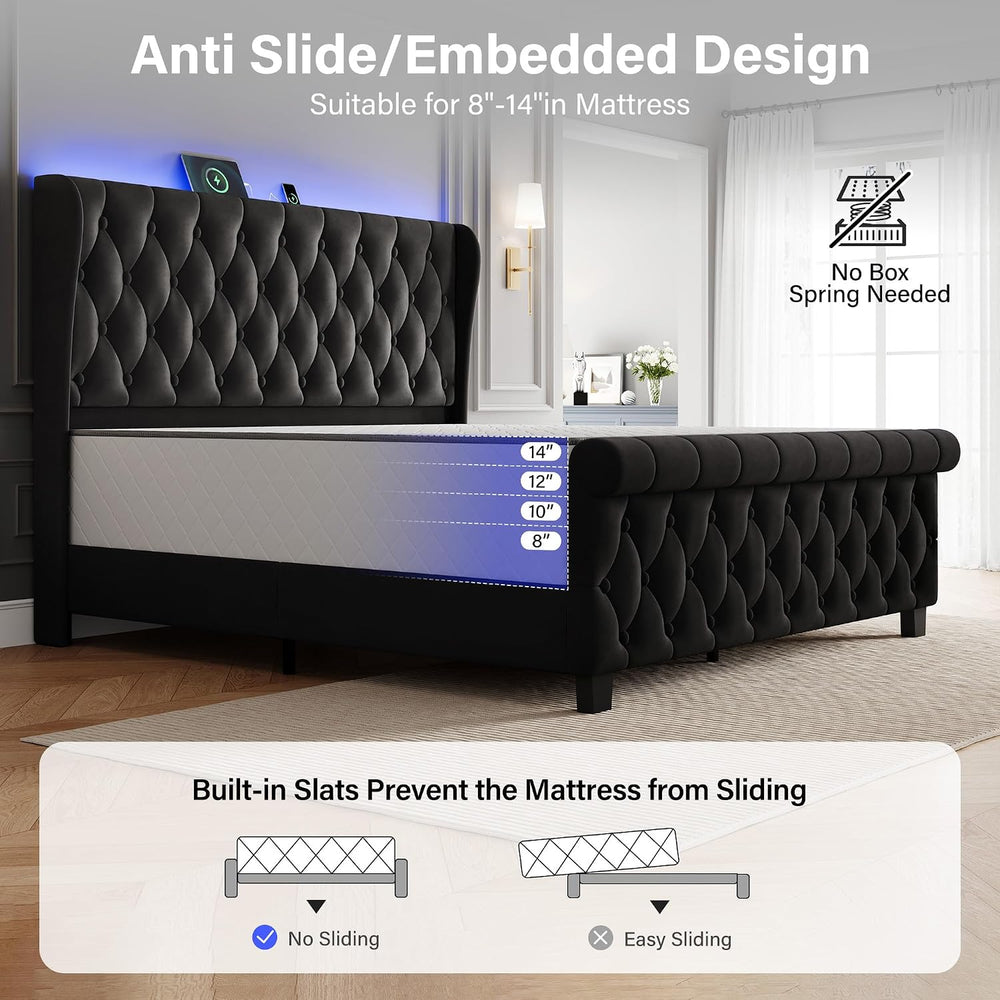 King Size Bed Frame with Headboard, Upholstered Bed Frame, Balck