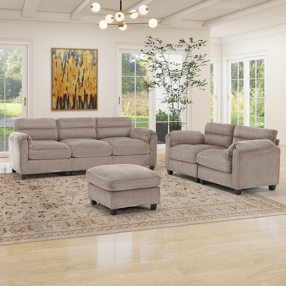 HAOMARKETS Corduroy 3-piece Sofa Set, Upholstered Ottoman, Loveseat 2-Seater ...
