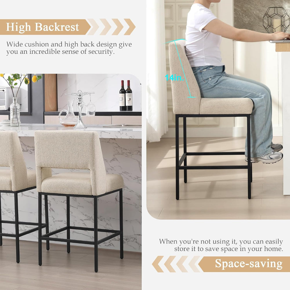 Upholstered Counter Height Stools, Beige Linen Bar Stools with Metal Legs and...