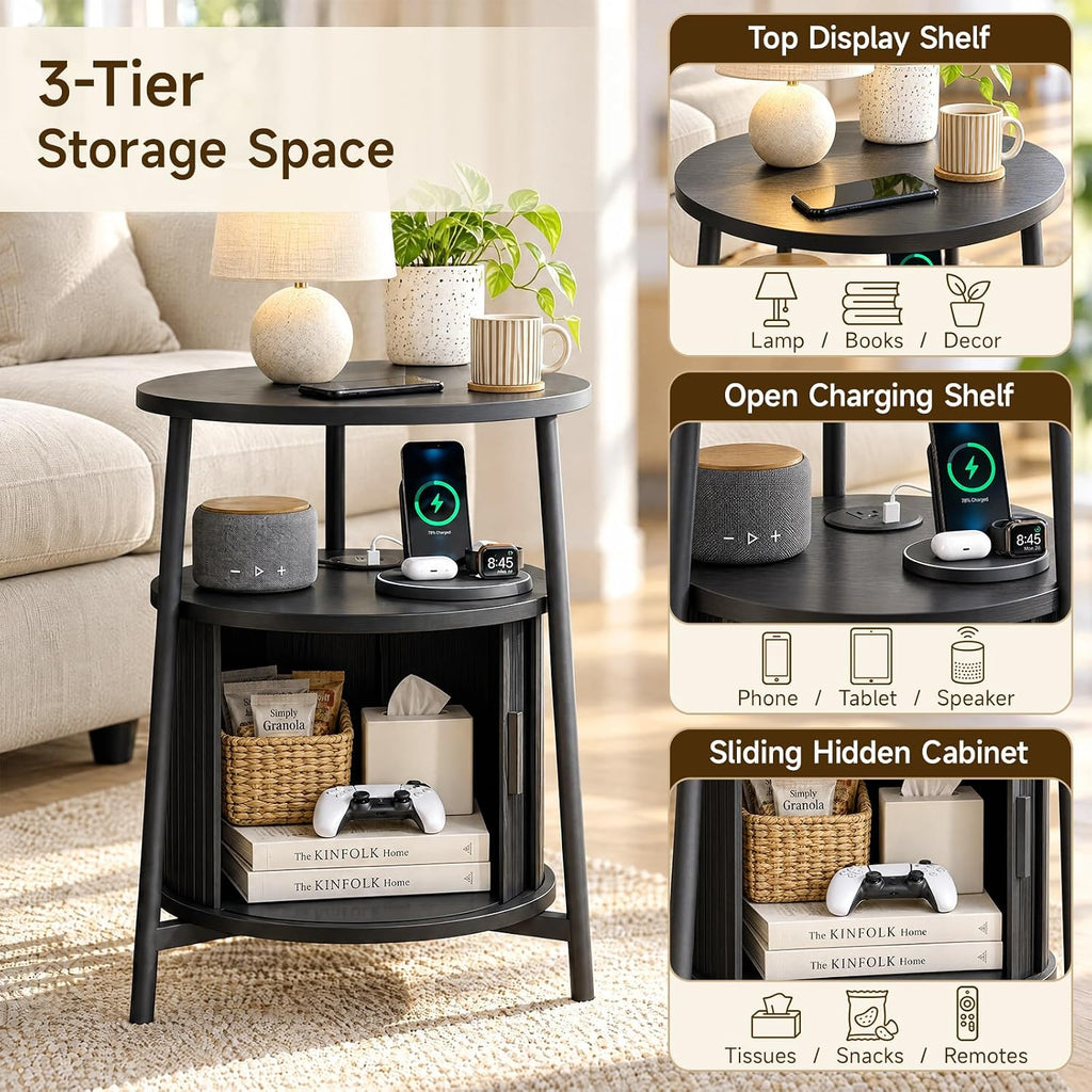 ONBRILL Round Fluted Side Table with Storage, Nightstand, 2 Sets Black