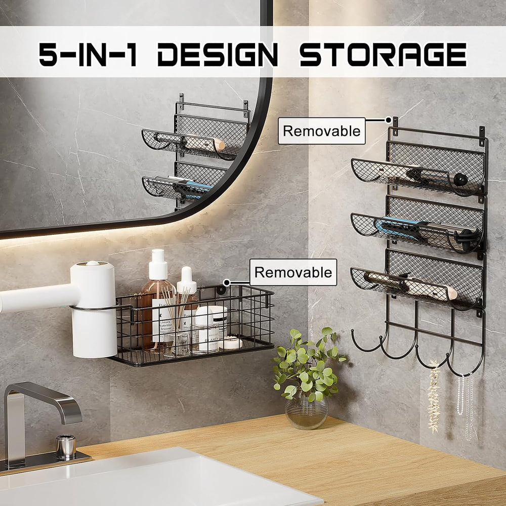 Wall-Mounted Hair Dryer Holder Styling Tool Organizer 4-Shelf Storage Wire Ba...