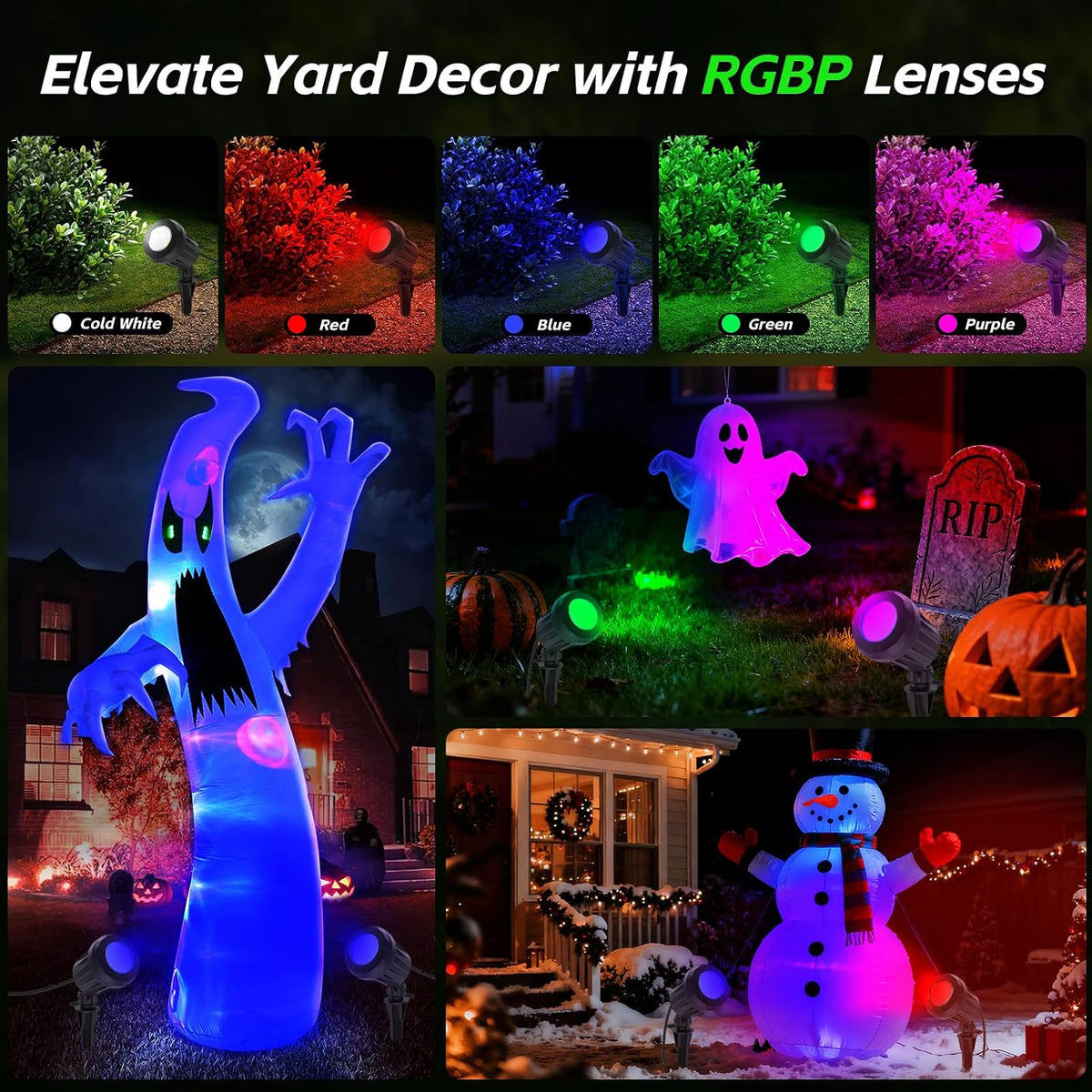 Halloween & Christmas Outdoor Spotlight, 6500K Cool White LED Landscape Lighting with 4 Lenses (RGB Purple), IP67 Waterproof, 120V Plug-in for Yard, Garden Tree Holiday Decor(2 Pack, Green)