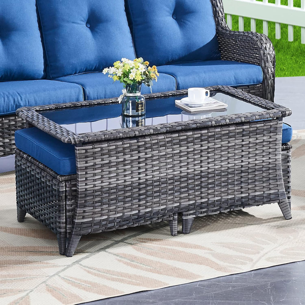 Belord Patio Coffee Table Outdoor Rectangular Glass Table, Handwoven Rattan P...