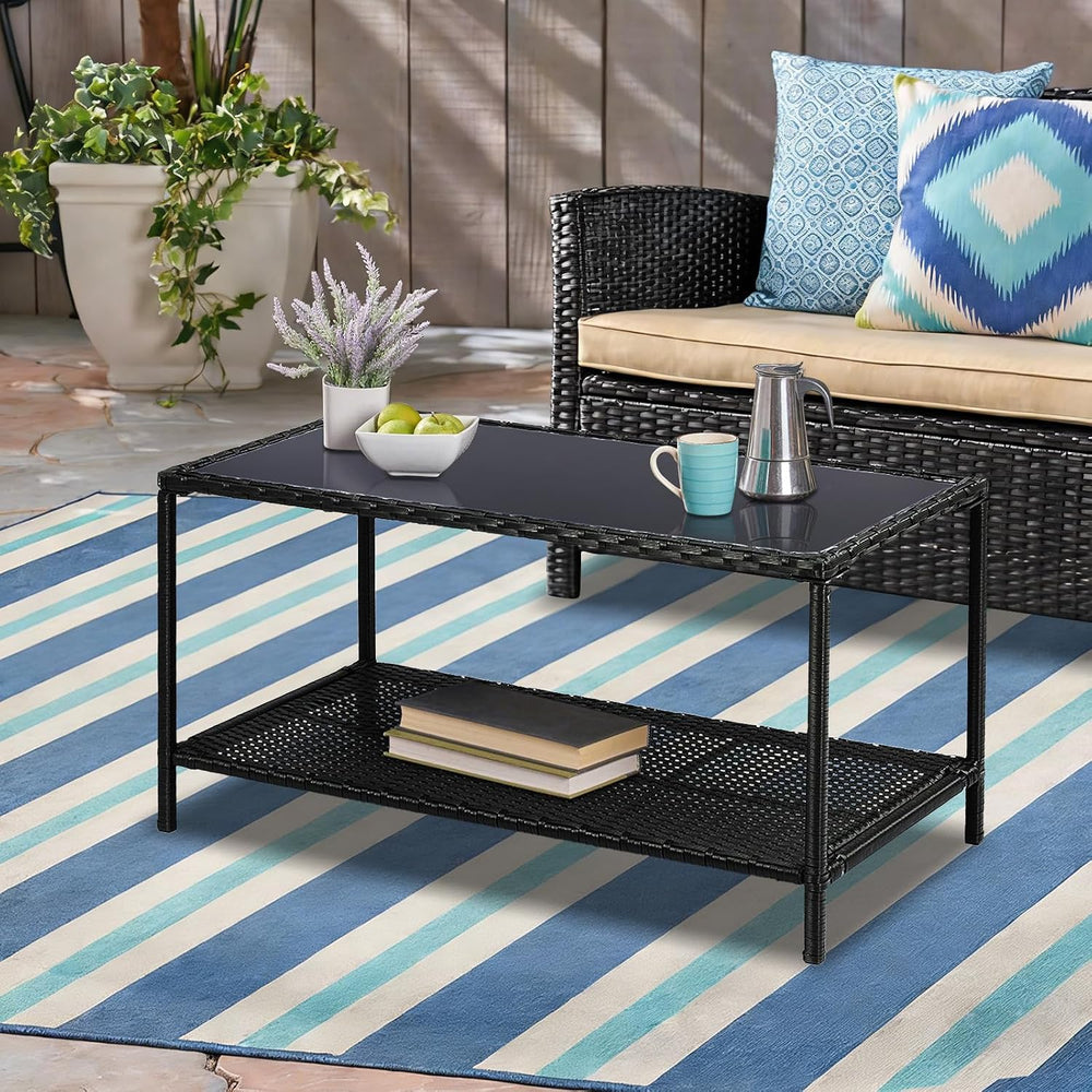 2-Tier All Weather Rattan Wicker Outdoor Coffee Side Table with Glass Top