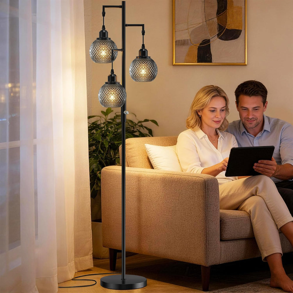 QiMH Modern Glass Floor Lamps for Living Room, 3 Lights Standing Lamp, Grey
