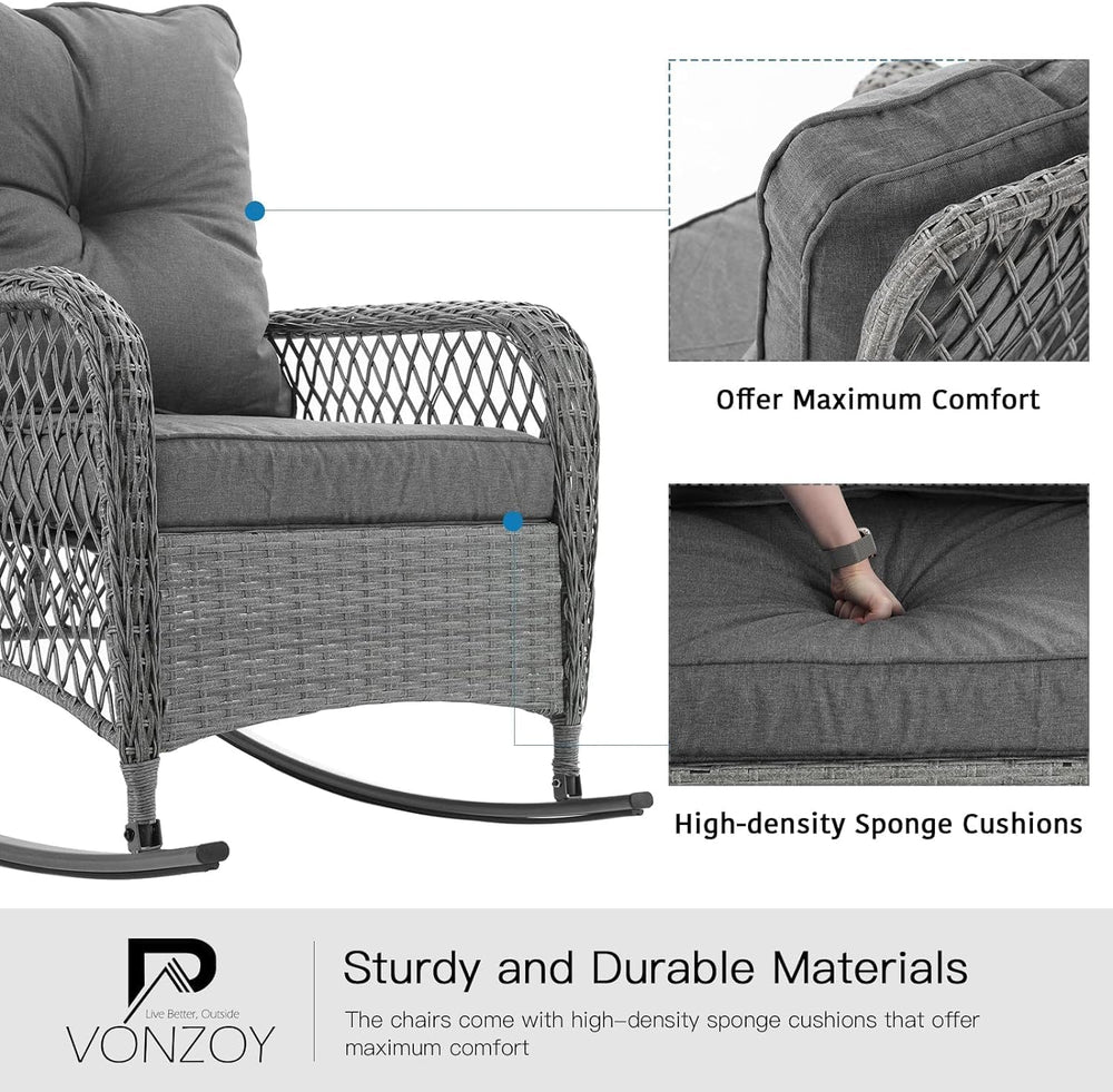 Patio Furniture Set 3 Pieces, Wicker Outdoor Rocking Bistro Set, Grey