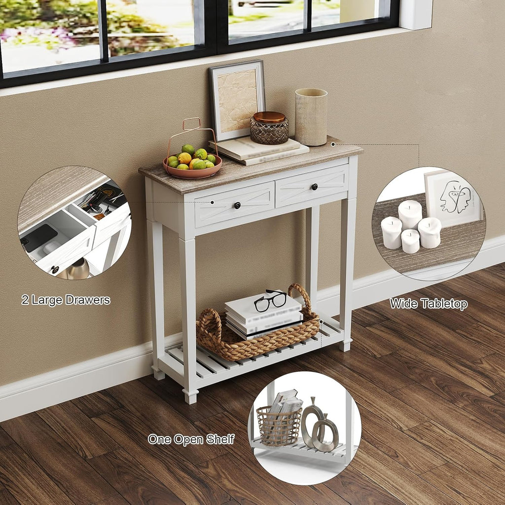 kinbor Narrow Console Table with Drawers, Small Entryway Table, White
