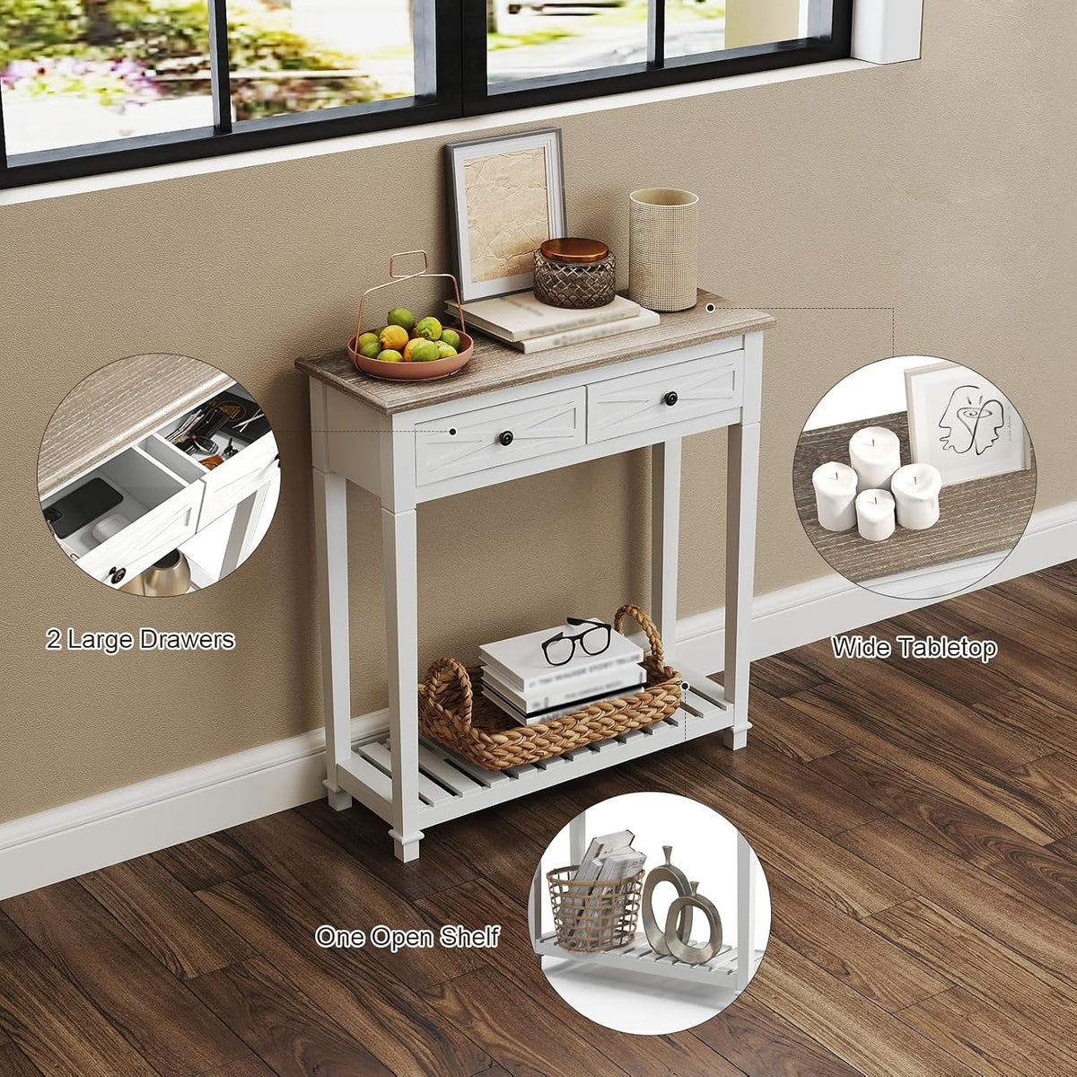 kinbor Narrow Console Table with Drawers, Small Entryway Table, White