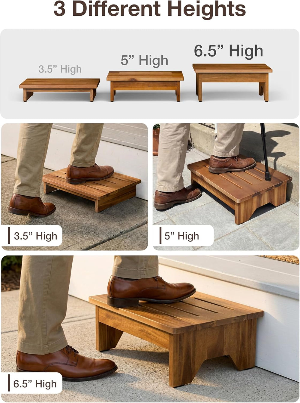 TINAMO 6.5" Wooden One Step Stool for Adults, 300 lb Capacity, No Assembly