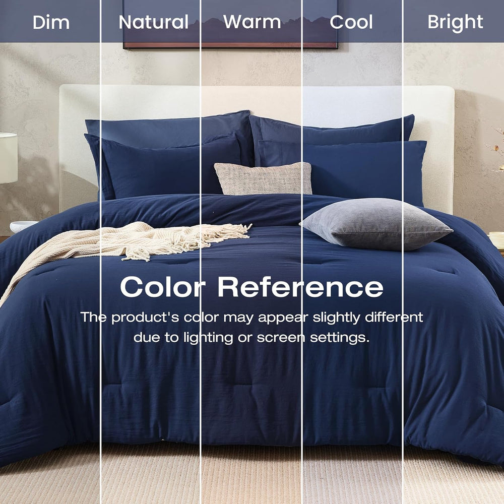 Sasttie Navy Blue Queen Comforter Set 7-Piece, Pre-Washed Bed in a Bag