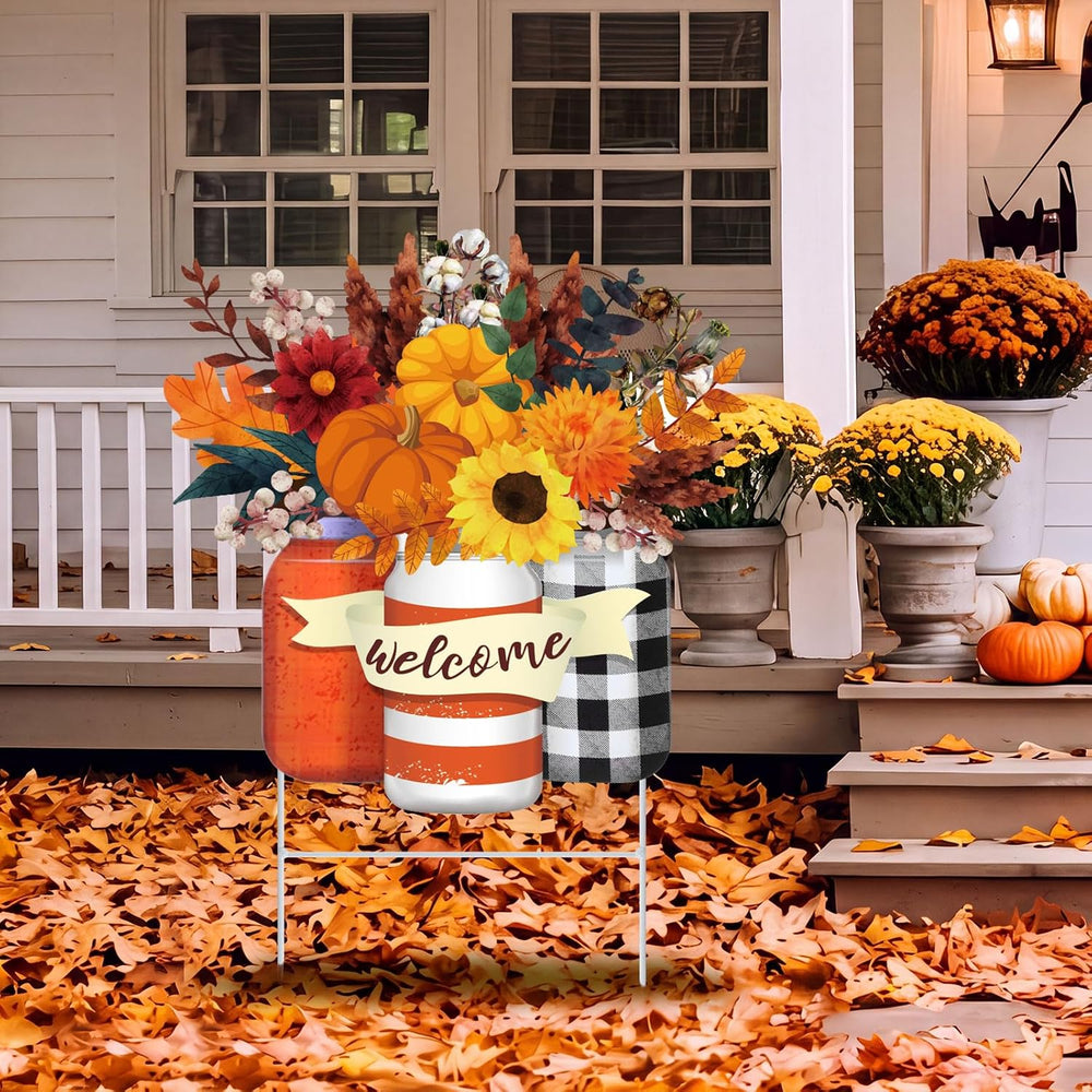 Yookeer Fall Decoration Outdoor Metal Pumpkin Fall Leaf Sign with Stakes