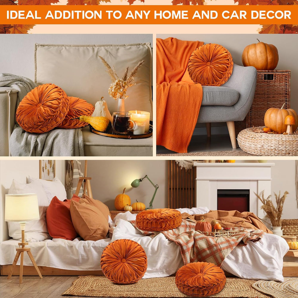 Beeveer 2 Pcs Round Throw Pillows Velvet Pleated Pillows, Orange