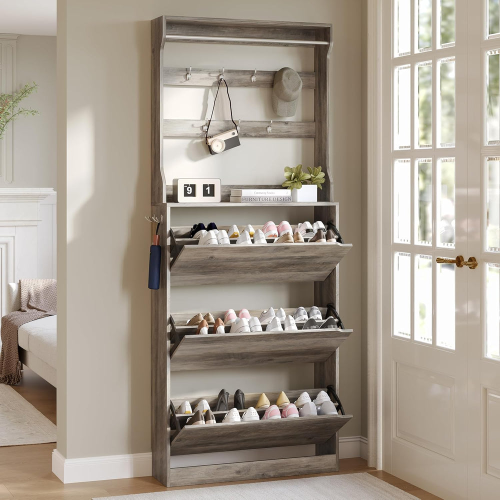 Wodeer Tall Shoe Cabinet with Coat Rack, Hidden Shoe Storage Cabinet with Doo...