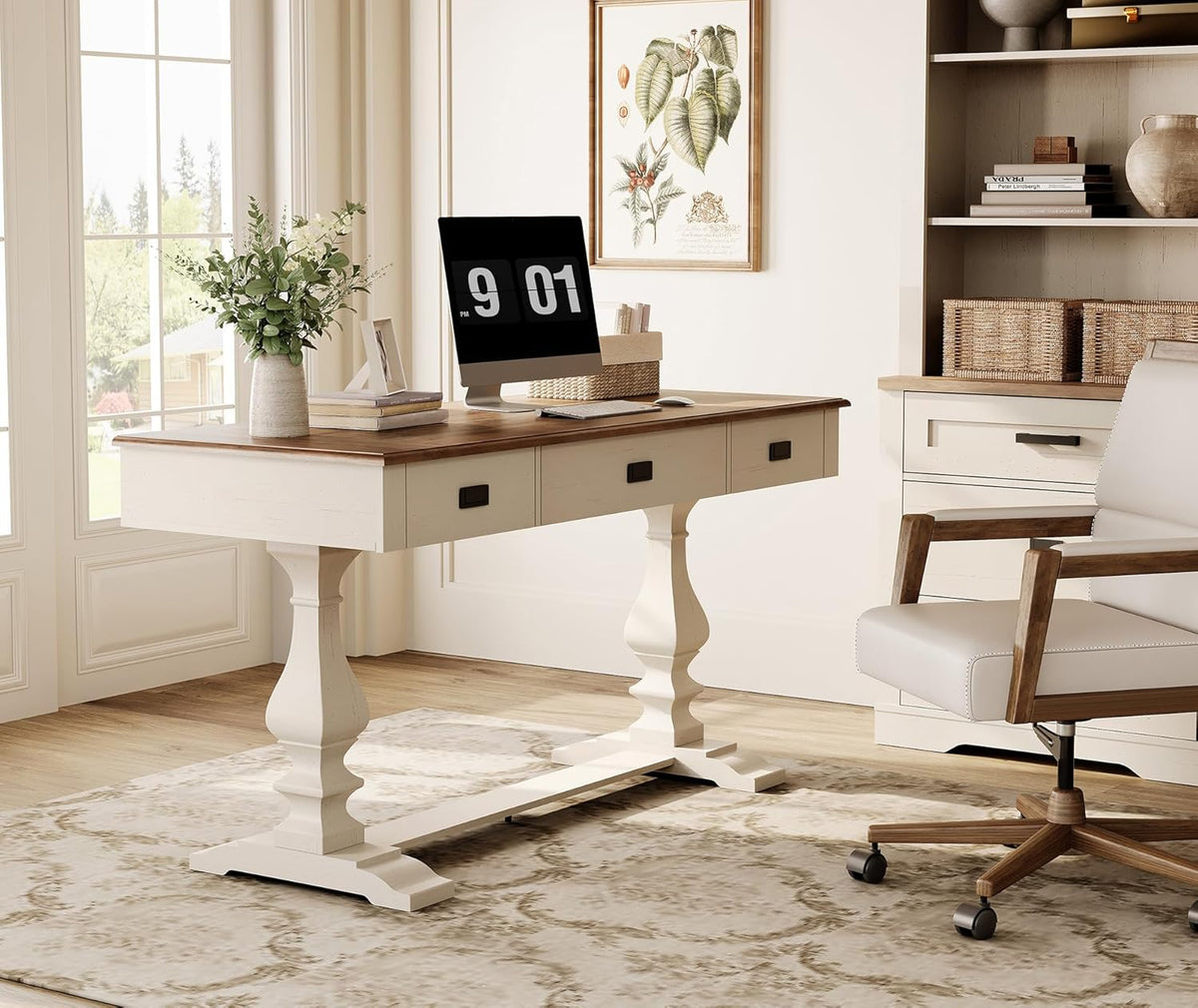 WAMPAT 60-inch Vintage Farmhouse Desk with Charging Station & Deep Drawers