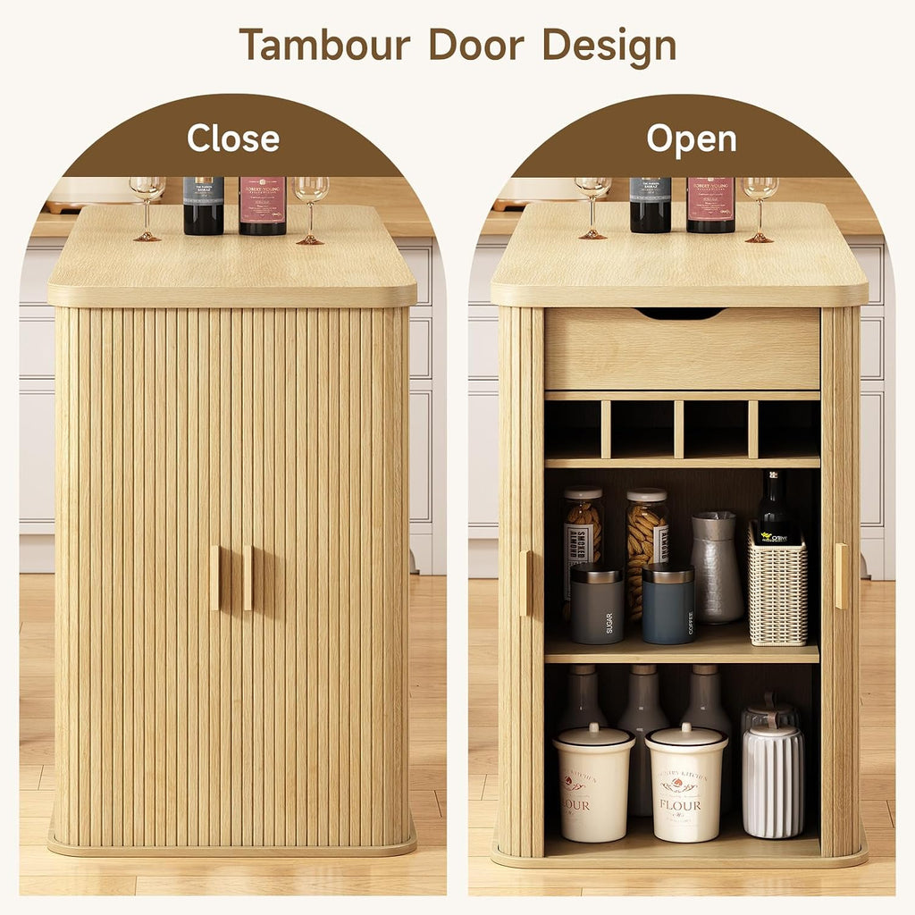 ONBRILL 59 Inch Fluted Kitchen Island with Storage Oak