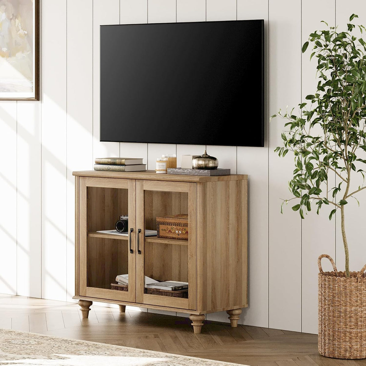 WAMPAT Buffet Cabinet with 2 Glass Doors&Adjustable Shelf, Oak