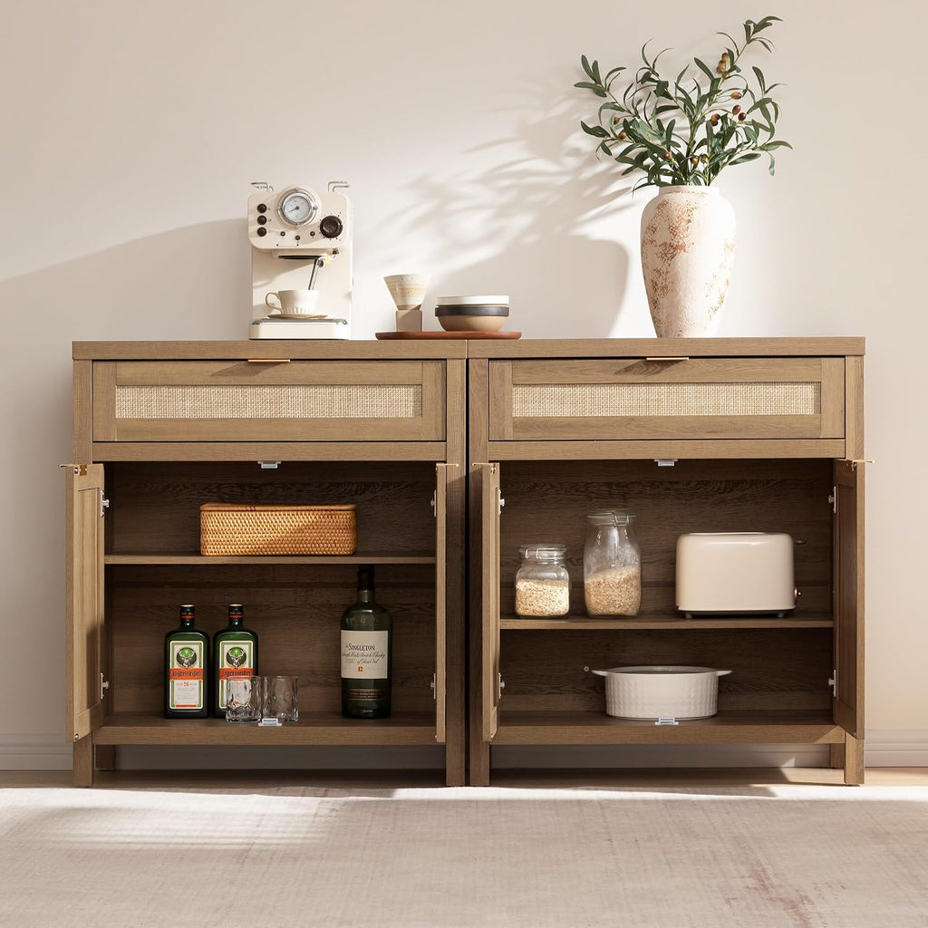 SICOTAS Buffet Cabinet Sideboard with Storage, Rattan Accent Cabinet