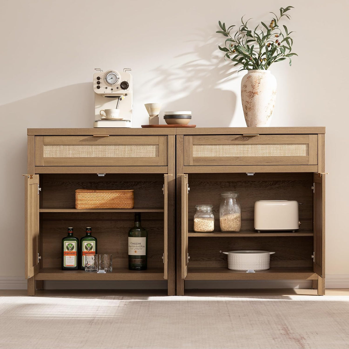 SICOTAS Buffet Cabinet Sideboard with Storage, Rattan Accent Cabinet
