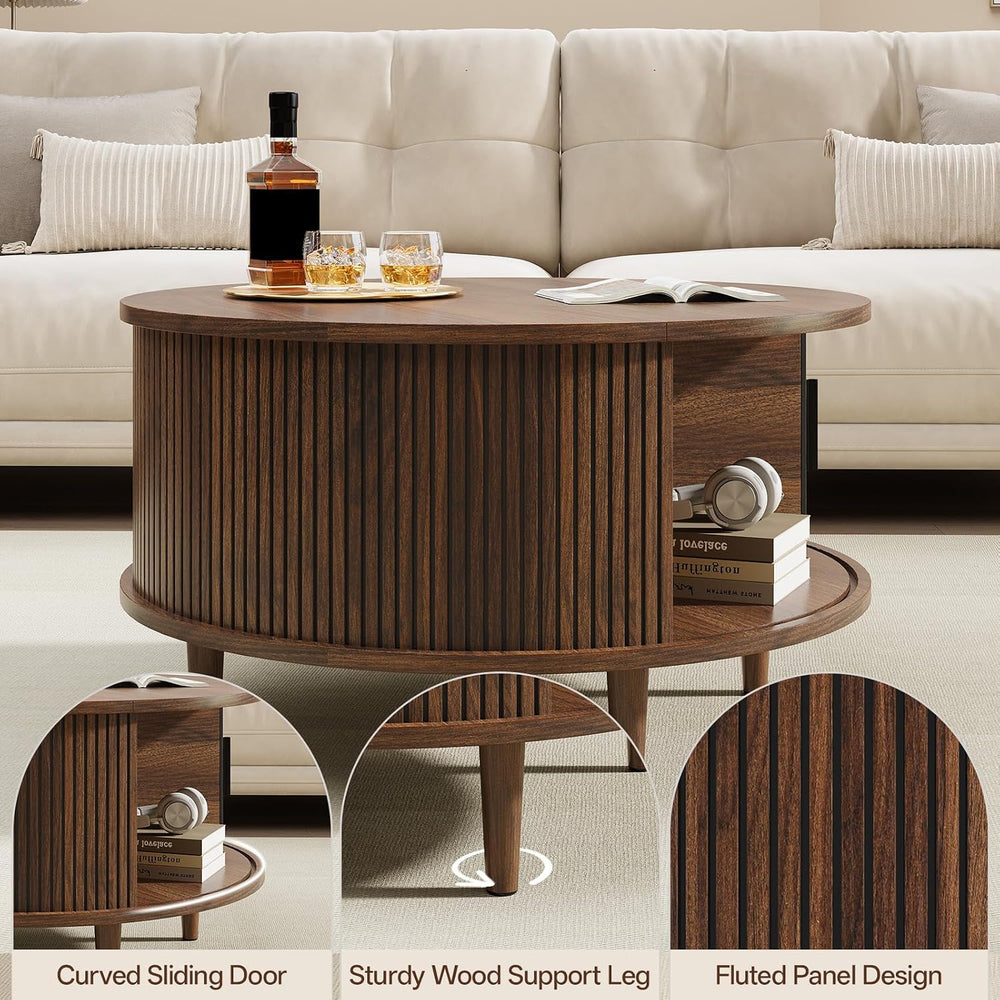 Round Coffee Table with Storage for Living Room, 31.5", Walnut