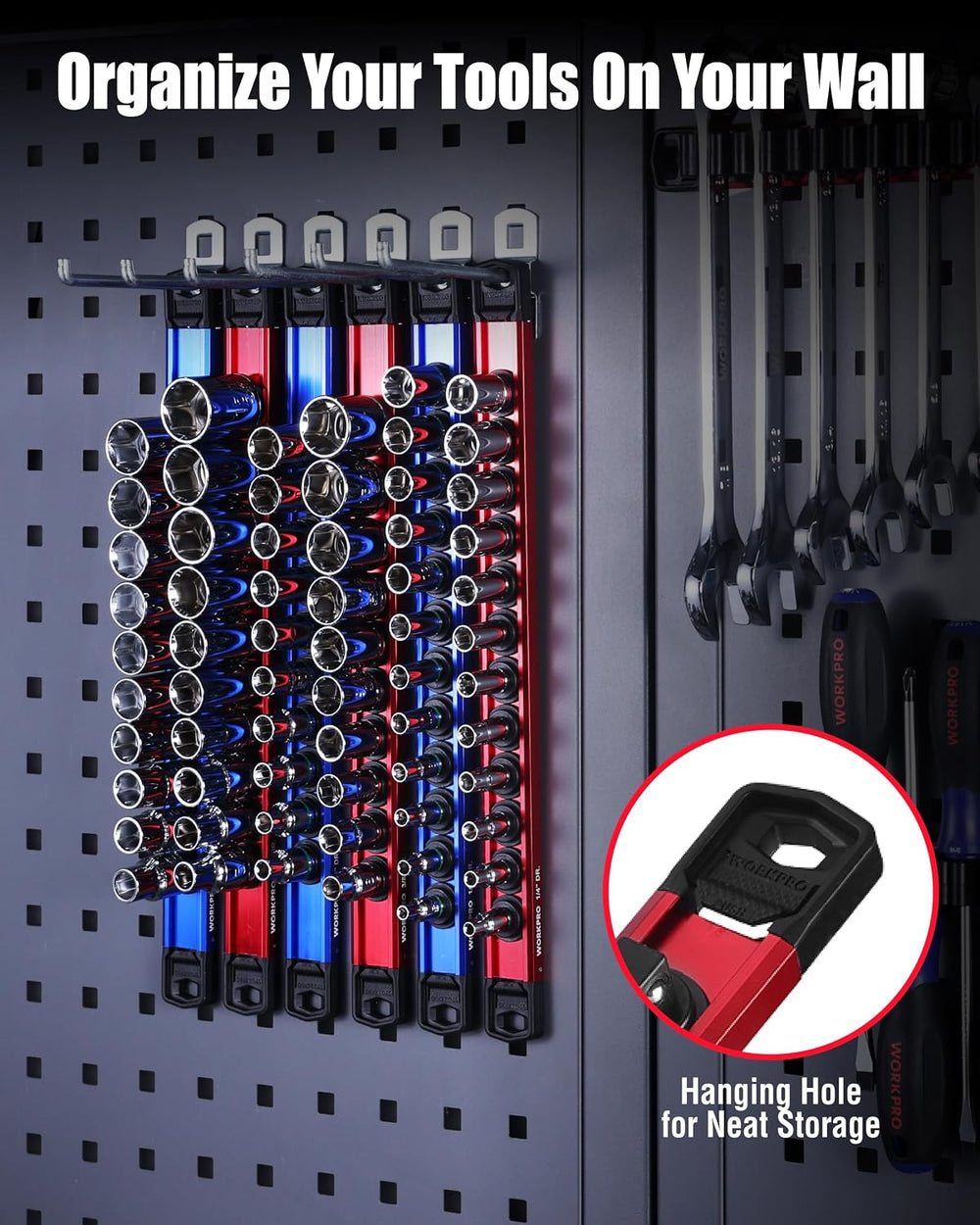 WORKPRO 8-Piece Magnetic Socket & Screwdriver Organizer, Quick-Release Rail