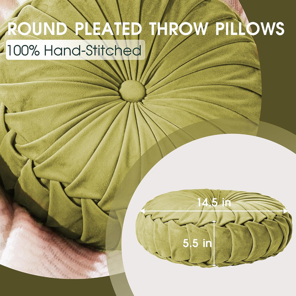 ROSE&RISY Round Pleated Velvet Throw Pillow, 2 Pack Decorative Accent Pum...