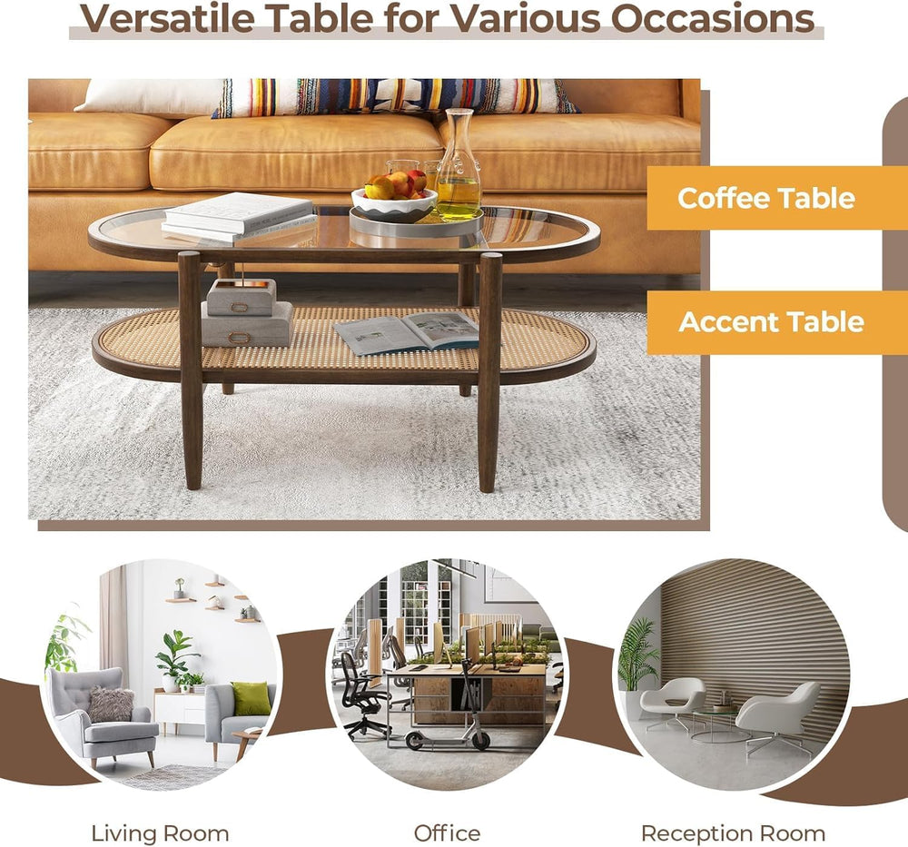 MAT EXPERT Rattan Coffee Table, 2 Tier Boho Oval Living Room Table w/Glass Ta...