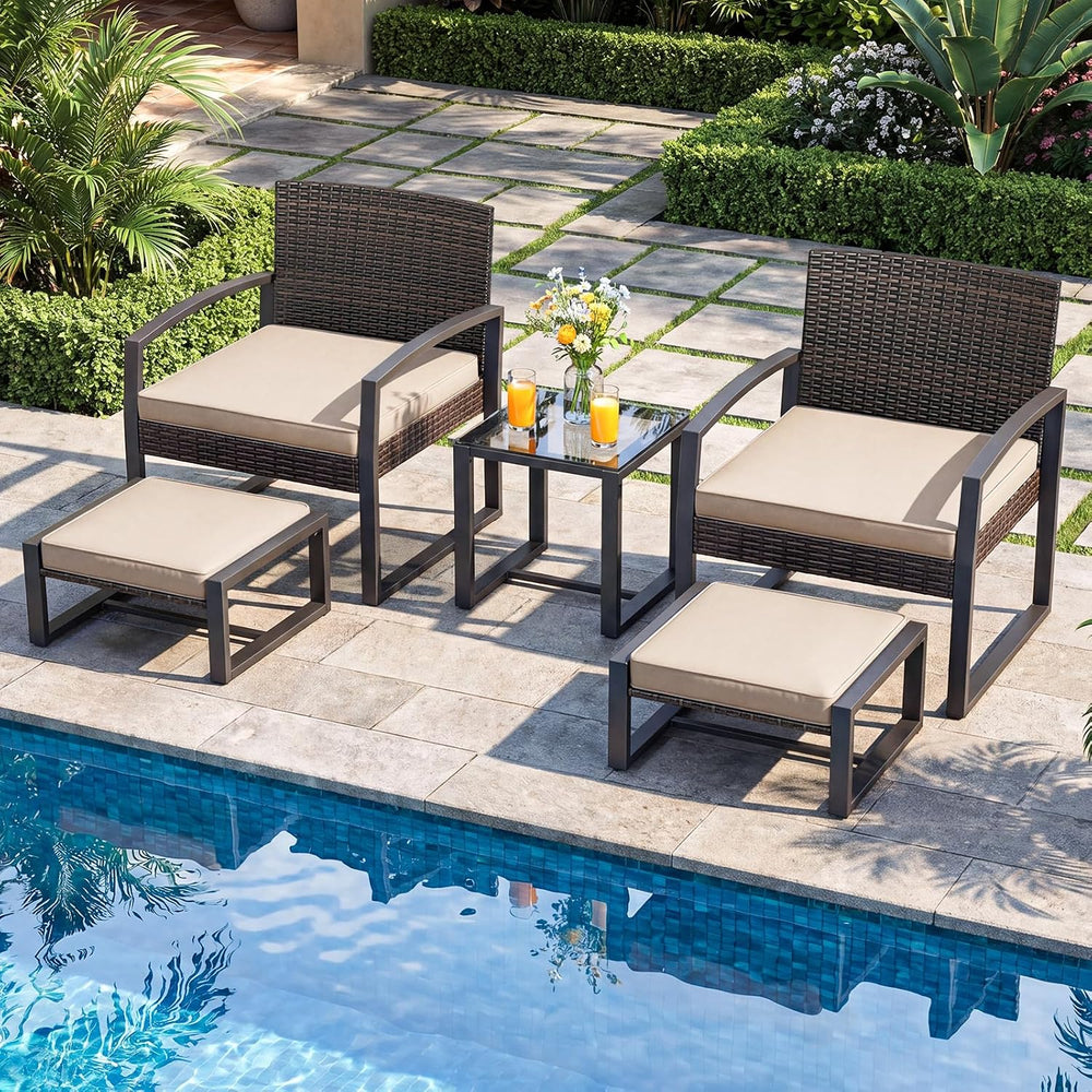 Tangkula 5 Pieces Wicker Patio Conversation Set, Rattan Chair with Ottoman