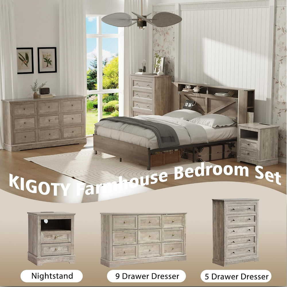 KIGOTY Farmhouse Bedroom Set, 4 Pcs Dresser and Nightstand Sets, 9/5 Drawer D...