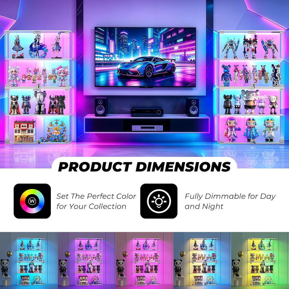 VersionTECH. Glass Display Cabinet with RGB Light, 4-Tier Curio Cabinets