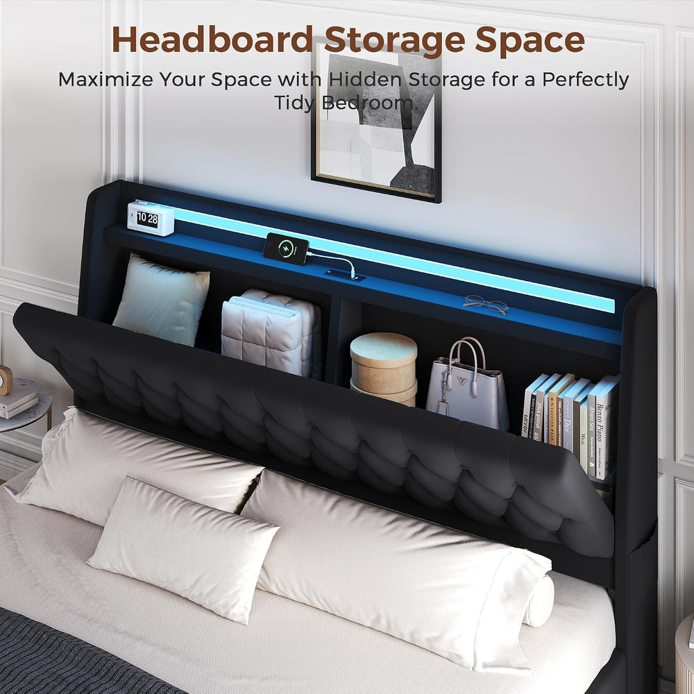 Jocoevol King Size Bed Frame with 2 Storage Drawers & Hidden Headboard