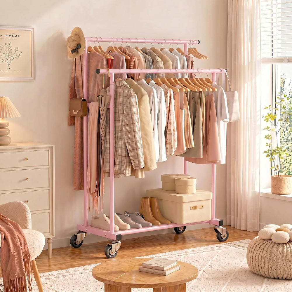 Calmootey Rolling Garment Rack, Sturdy Clothes Organizer for Bedroom