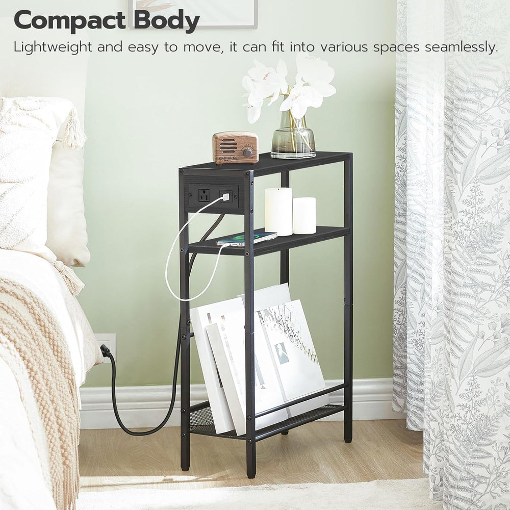 HOOBRO Small Narrow Side Table with Charging Station Set of 2, Skinny End Tab...