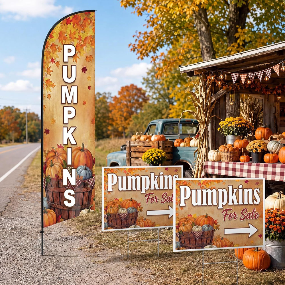 3pcs Fall Pumpkins Feather Swooper Flag Kit, Yard Sign with Pole Stake
