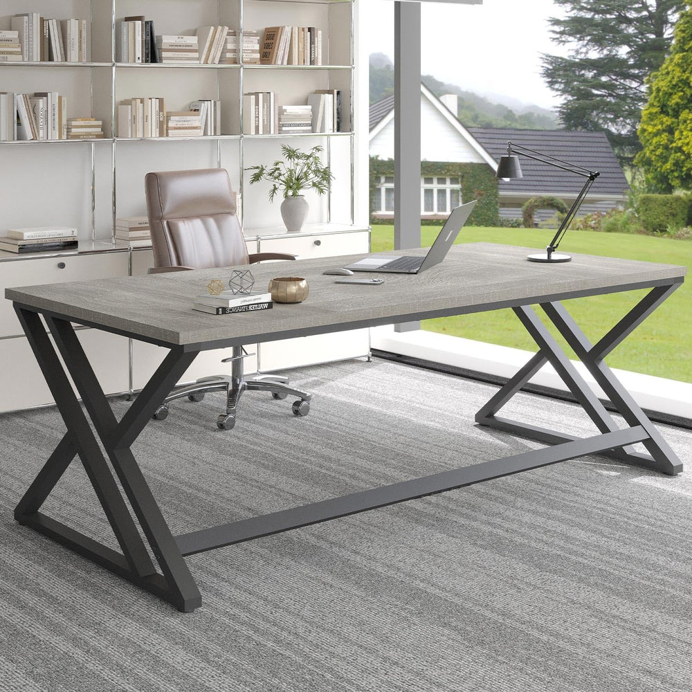 LVB Modern Long Office Desk, Large Wood Computer Desk Light Grey Oak 79 in