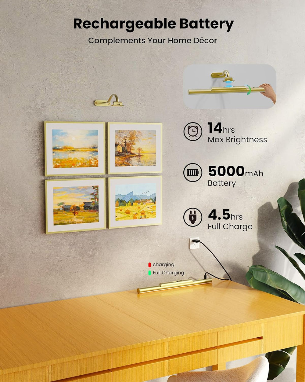 3 Pack Picture Light for Wall Cordless Rechargeable 16in Gold