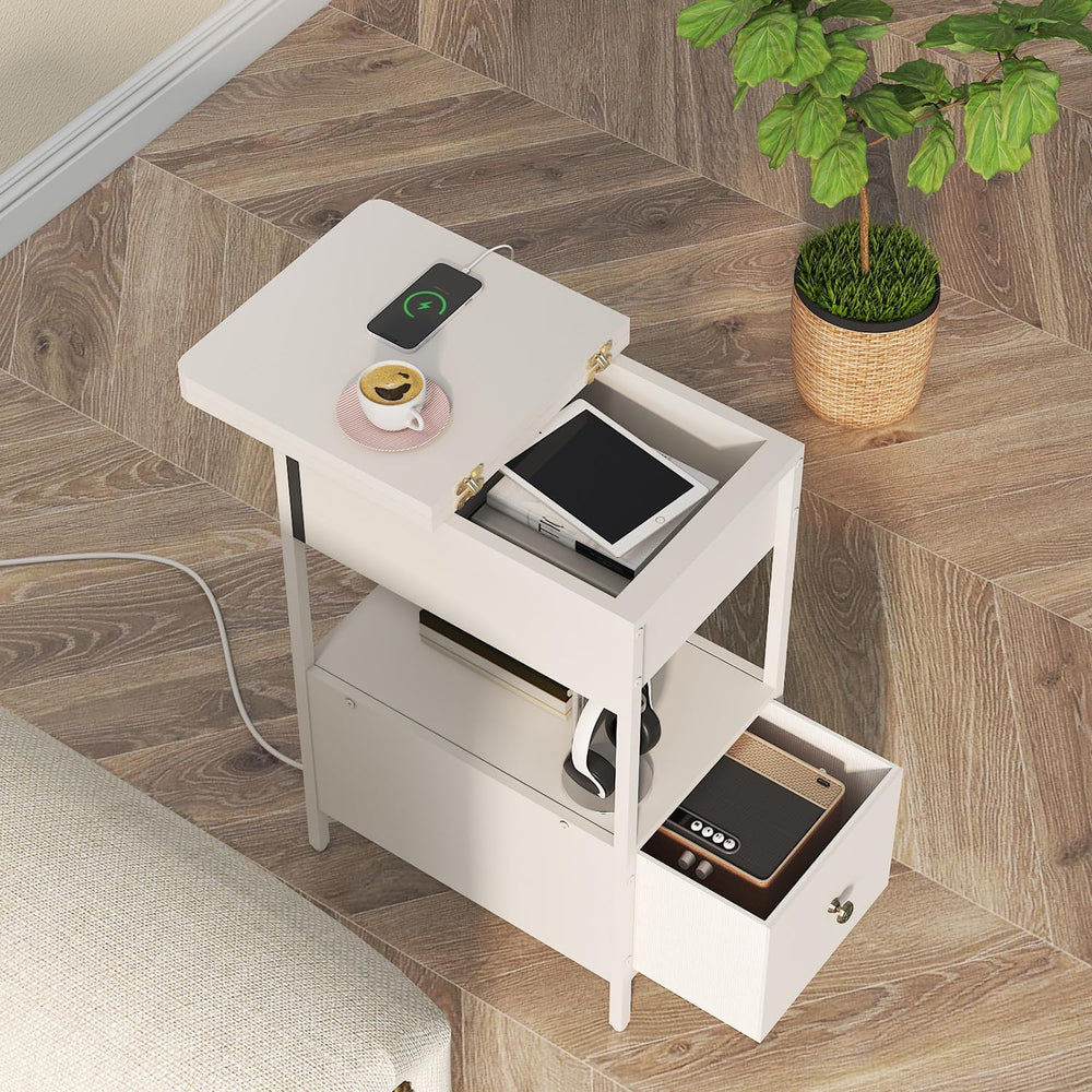 SOOWERY End Table with Charging Station, Narrow Side Table for Living Room