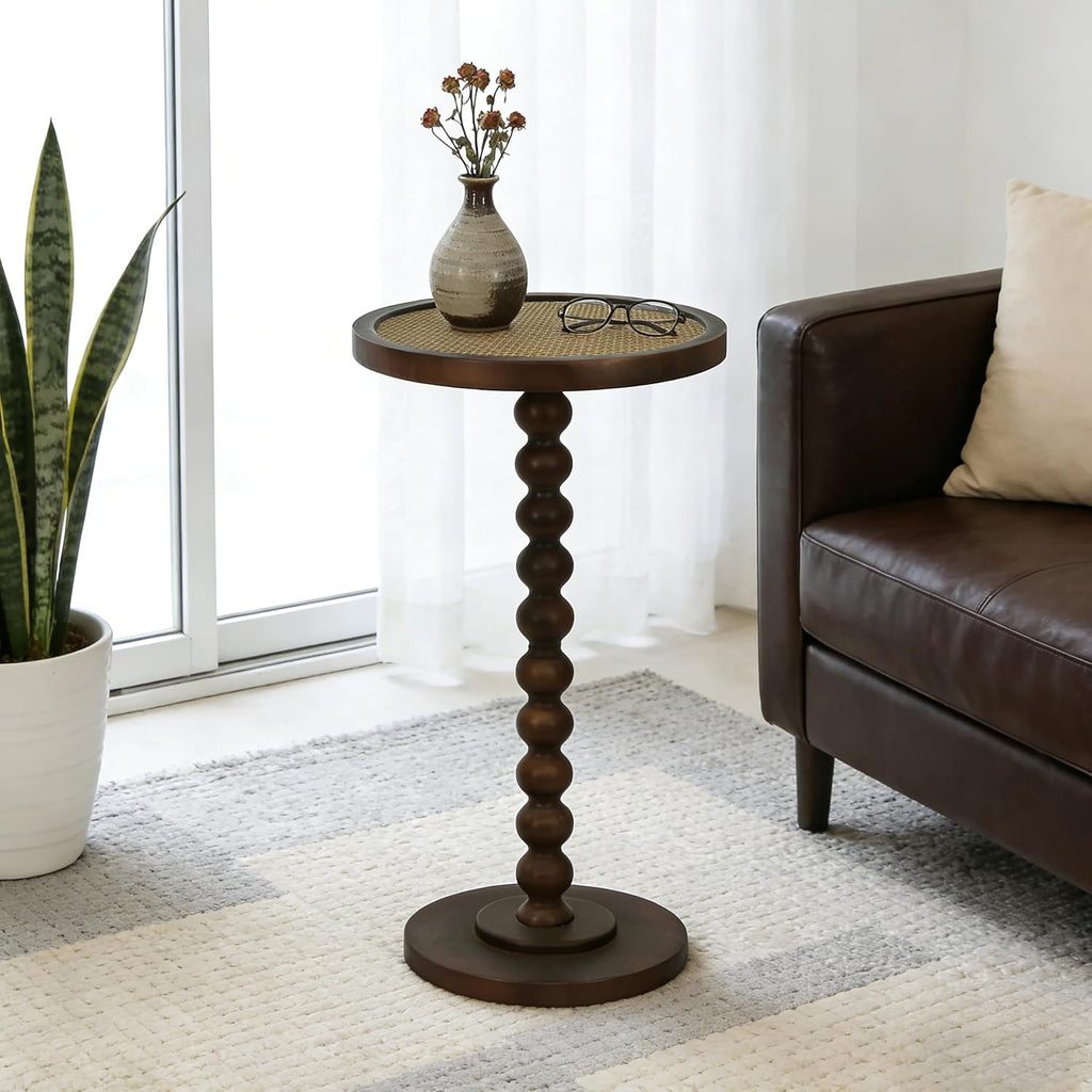 COVLON Solid Wood Drink Table, Small Pedestal Side Table for Small Spaces, Rattan Accent End Table Nightstand with Bread Leg for Living Room, Bedroom, Corners, and Office, Brown
